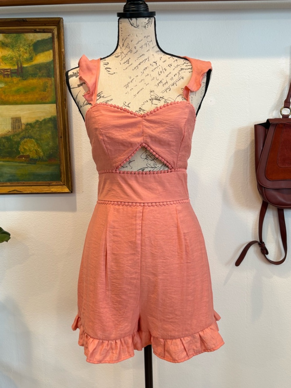 Coral Boho Cutout Romper Open Back Ruffle Strap Summer Festival